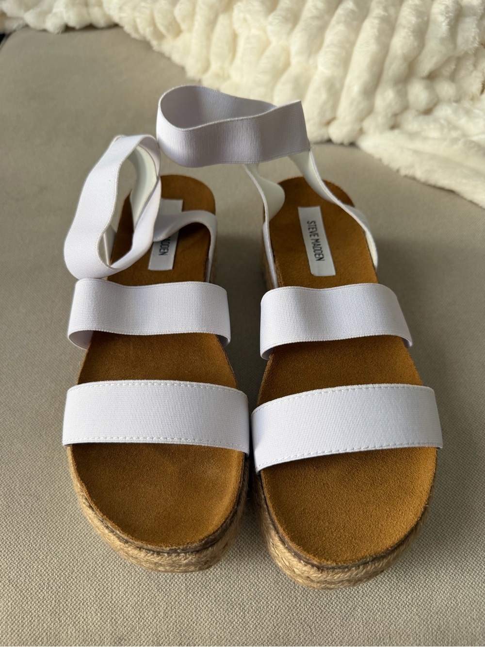 Steve Madden White Elastic-Strap Espadrille Wedge Sandals